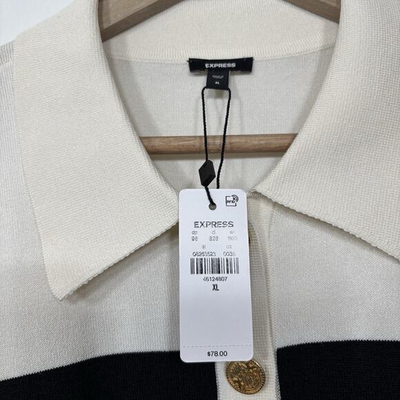 Express Womens Ivory Black Rugby Striped Sweater XL Collar Gold Buttons Preppy - Picture 4 of 8